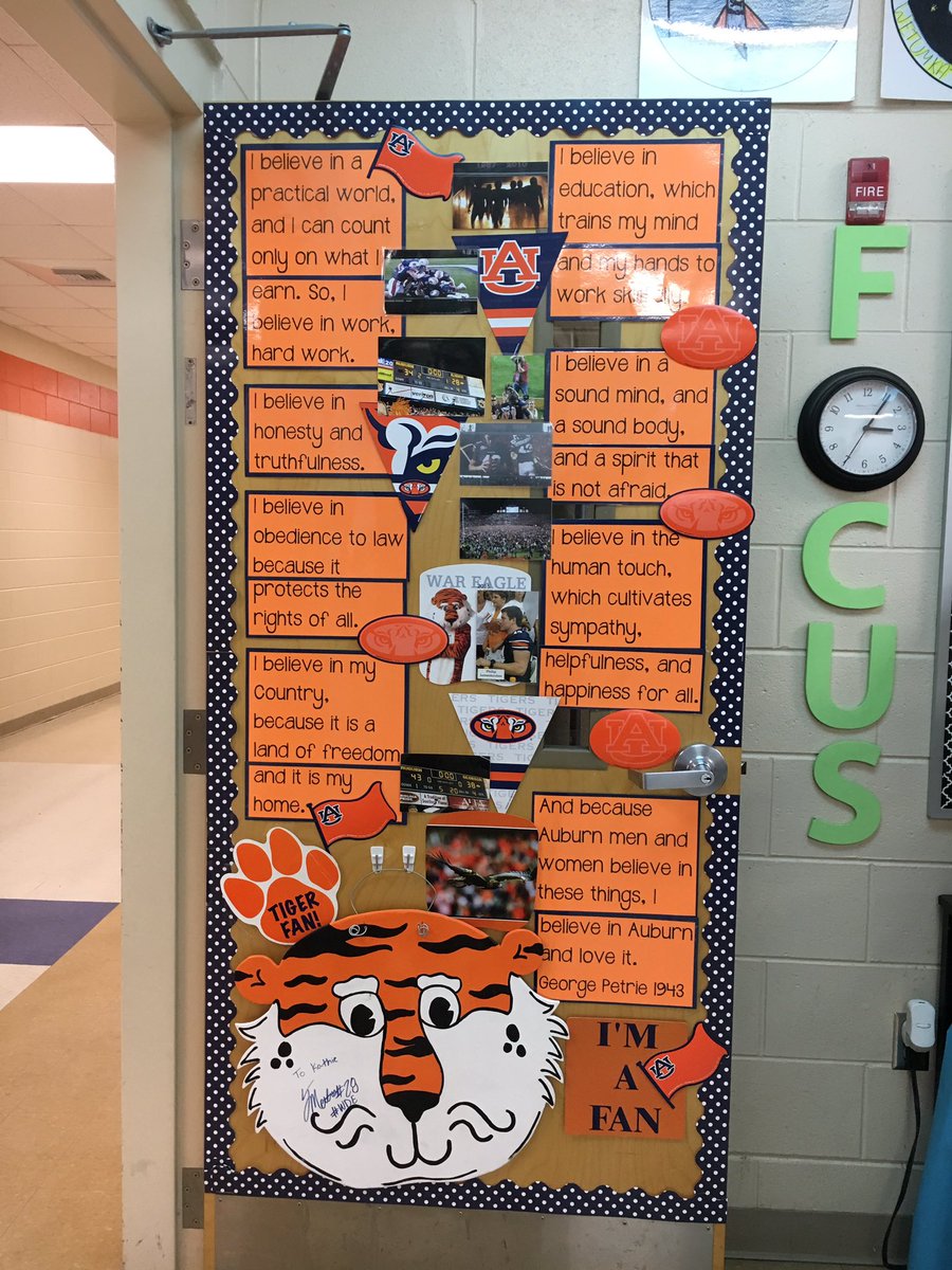 aukat1988's tweet photo. For the last 15 years, the door to my classroom has been AU themed. This year I put most of the Creed on there as well. A great reminder of what makes AU special. It’s our time! Support our young men! Let’s do this Auburn family! #WDE #RBFOREVER https://t.co/7YdcLwe47Q
