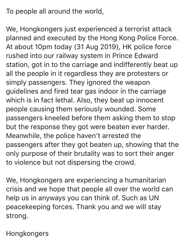 Humanitarian crisis in hk. Pls help us in any way you can think of. Thank you very much😔🙏🏻
#FreeHK #DemocracyForHK #831attack #721YuenLong #NoPoliceBrutality #SaveHongKong #AntiExtraditionBill #peace
