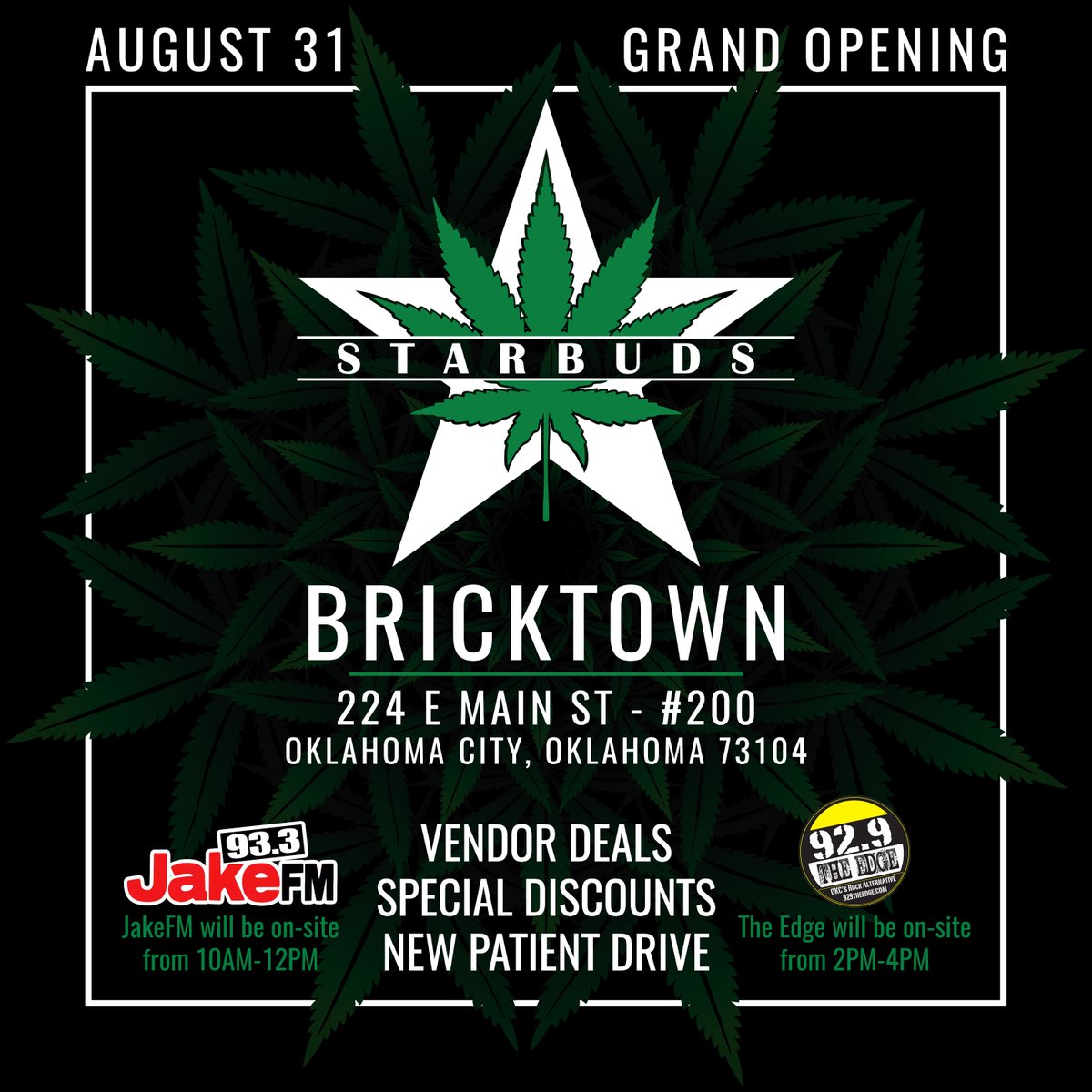 StarbudsB's tweet photo. Grand Opening today! We're here until midnight with great Labor Day Weekend Specials, 15% off for all 1st timers, 10% off for Military and Seniors. 92.9 the EDGE here until 4p.m.

#OKC #MMJ #Smoklahoma #medicalmarijuana #indica #sativa https://t.co/JazIj9xgIk