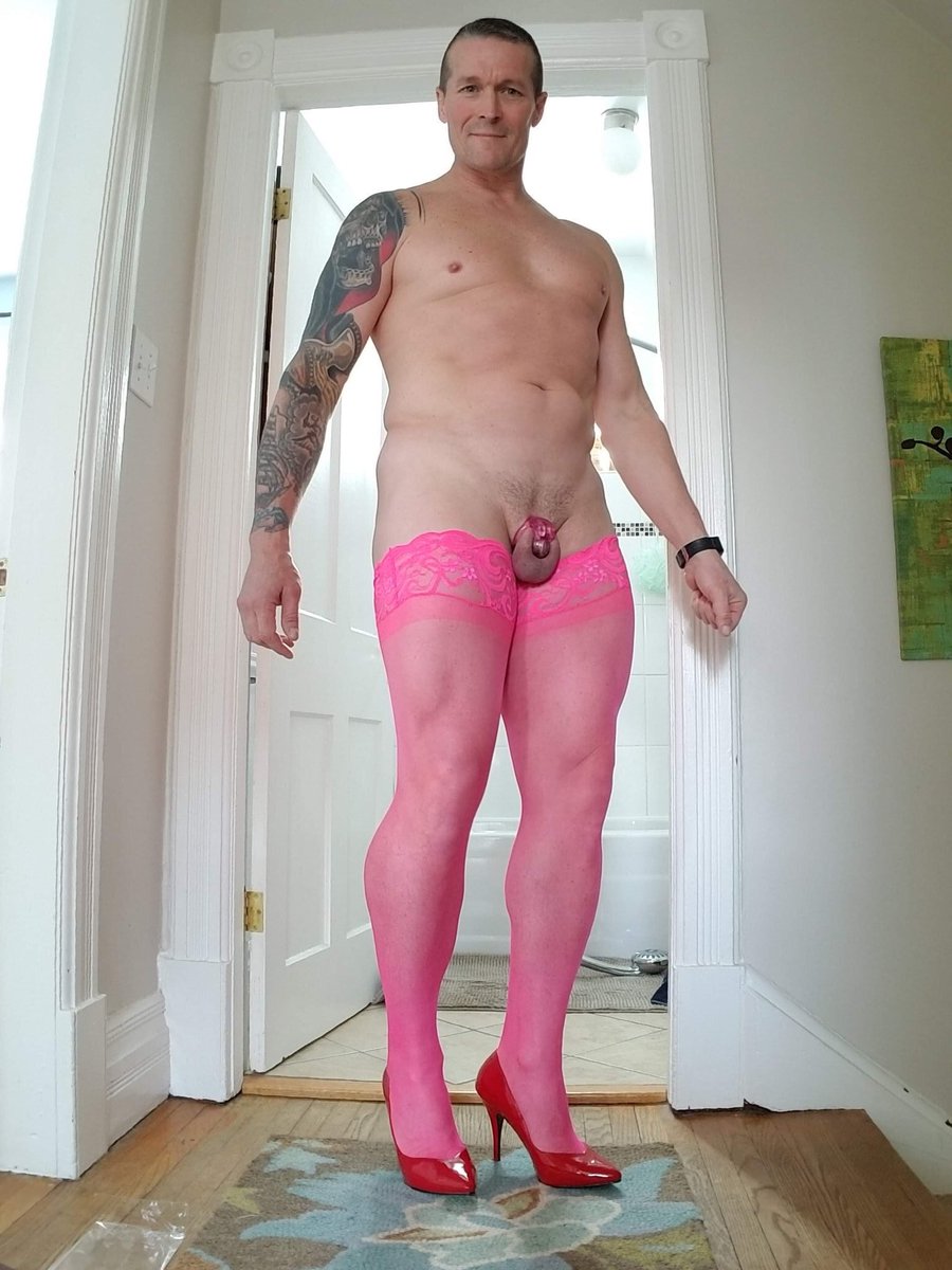 AlphaMasterbull's tweet photo. Those red heels, the pink stockings, and pink cage. She looks like a proper woman. Expose her. Show her off to the world. @powerbottomfag1 https://t.co/WHao9vx8Q3