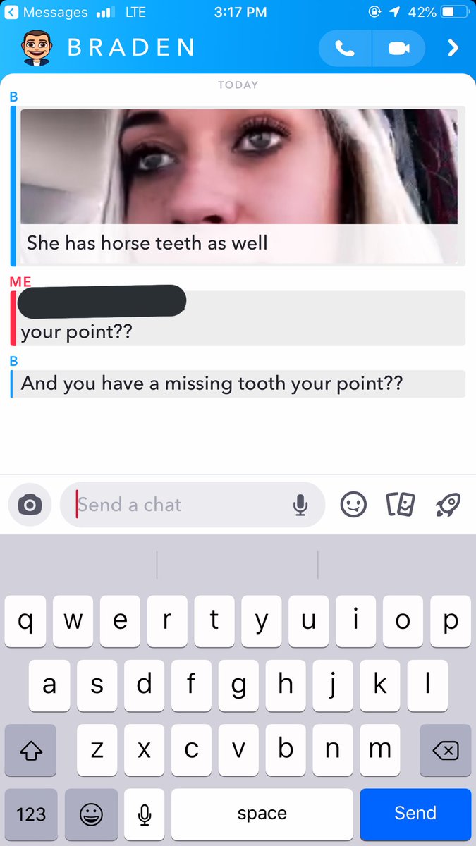 i understand that i was in the wrong for saying what i said...BUT i never asked him to swipe up and say ashlyn has horse teeth nor did i ask to be told i have missing teeth...which i can’t help. this is rude and highly disrespectful and needs to be stopped.
