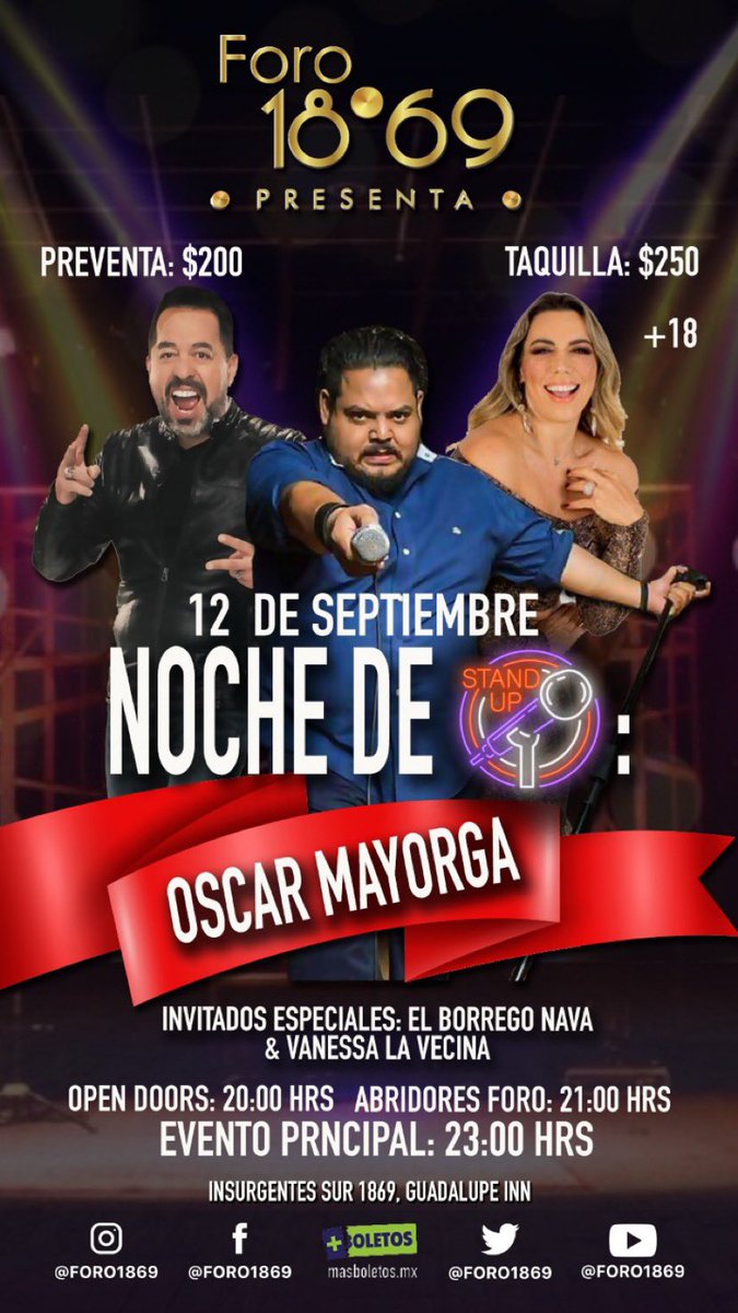 CDMX acompañarnos este 12 de septiembre #MiGenteBella  al <a href="/Foro1869/">Foro 1869</a>  noche de #standupcomedy  con <a href="/odmayorga/">Oscar Mayorga</a> <a href="/navaborrego/">Borrego Nava</a>