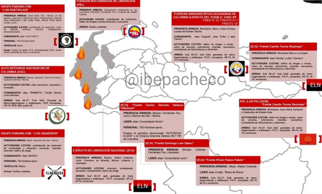 ibepacheco's tweet photo. Este cuadro, del cual tengo más información que daré mañana en detalle, desvela al Ministro de la Defensa Vladimir Padrino López en pleno conocimiento de la distribución de la narcoguerrilla en nuestro territorio venezolano. Les detallo en el hilo nombres por zonas. https://t.co/49hGd2WWhB