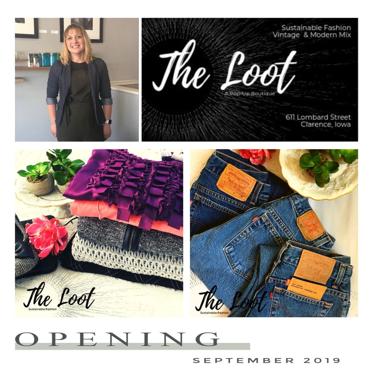 ClarenceIowa's tweet photo. We are DELIGHTED to introduce the newest shopkeeper on the Clarence Main Street.  Welcome Anna Woodward and her boutique, 'The Loot', to Clarence!  

The Loot is a pop-up boutique specializing in modern mixed with vintage clothing, opening by mid-September! https://t.co/QvGF2Pqiye