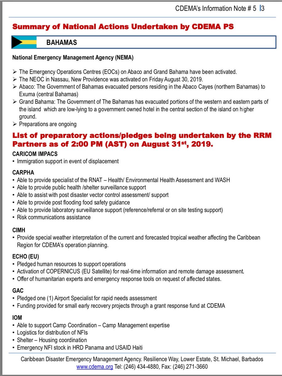 Cdemaさんのツイート See Information Note 4 On Hurricanedorian August 31 2019 Updates Are Provided On The Status Of Preparedness By Nemabahamas Cdema Deployed Teams And Actions Pledges Being Undertaken By Rrm Humanitarian Partners Https T Co
