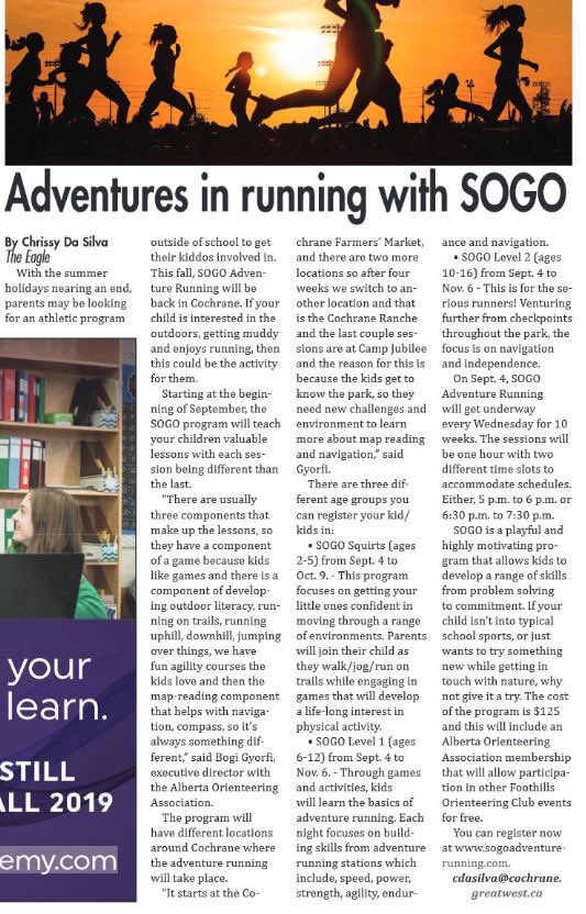 SOGOAdvRunning's tweet photo. Hey #Cochrane families, did you see the article about SOGO in this week's @CochraneEagle?
There's still time to register in all our SOGO fall programs, in Cochrane, Calgary and Bragg Creek.
https://t.co/77PEYHGFtw #braggcreek #calgary #activekids https://t.co/49oqdCYQLd