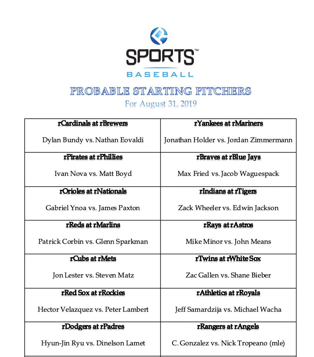 rsportsbaseball's tweet photo. Starting Pitching Probables for tonight's #VBL games of August 31, 2019. https://t.co/pu1gqTAOxp