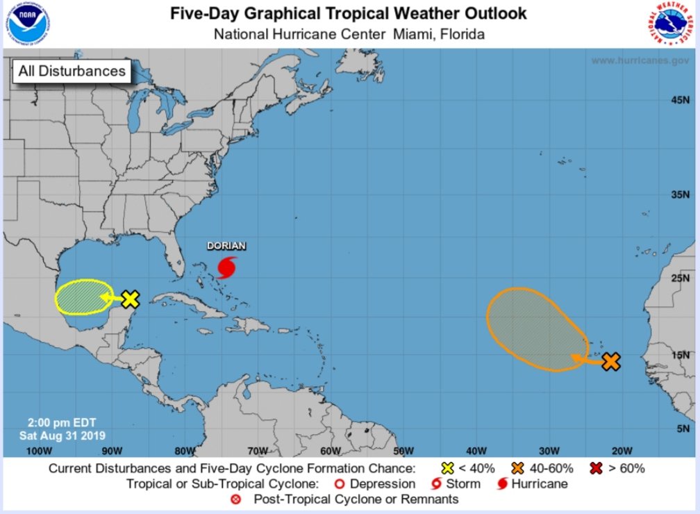 Category 4 Hurricane Dorian is leading the charge in this active part of the Hurricane Season. It will hit the northernmost Bahama Islands before getting near the Florida coastline; however, there is more activity over the waters. No threat to Jamaica at this time.