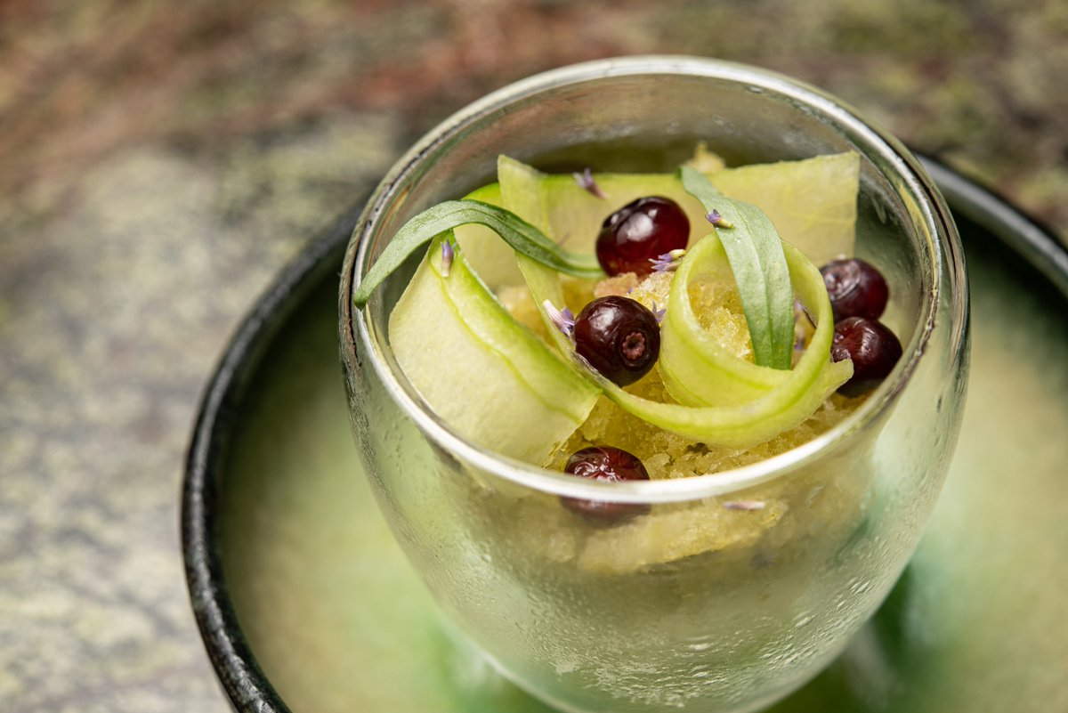 One last look at the 3rd dish from our August Berry Tasting downstairs at The Dessert Bar: Lillet Blanc &amp; Hyssop granita, with local huckleberries, and a cucumber and herb salad