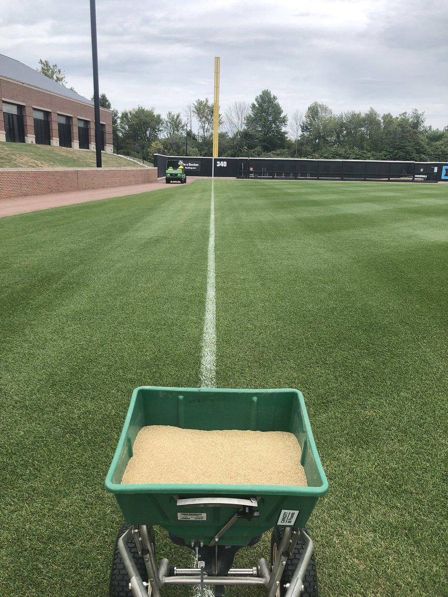 Rhaulk24's tweet photo. It’s great to sit back at the end of the day and look at your hard work pay off. Three day break for @PurdueBaseball. Got a lot done today, brush field, mow, seed wear areas, top dress, and a @FloratineFoliar spray! https://t.co/JXHkfrHWUw
