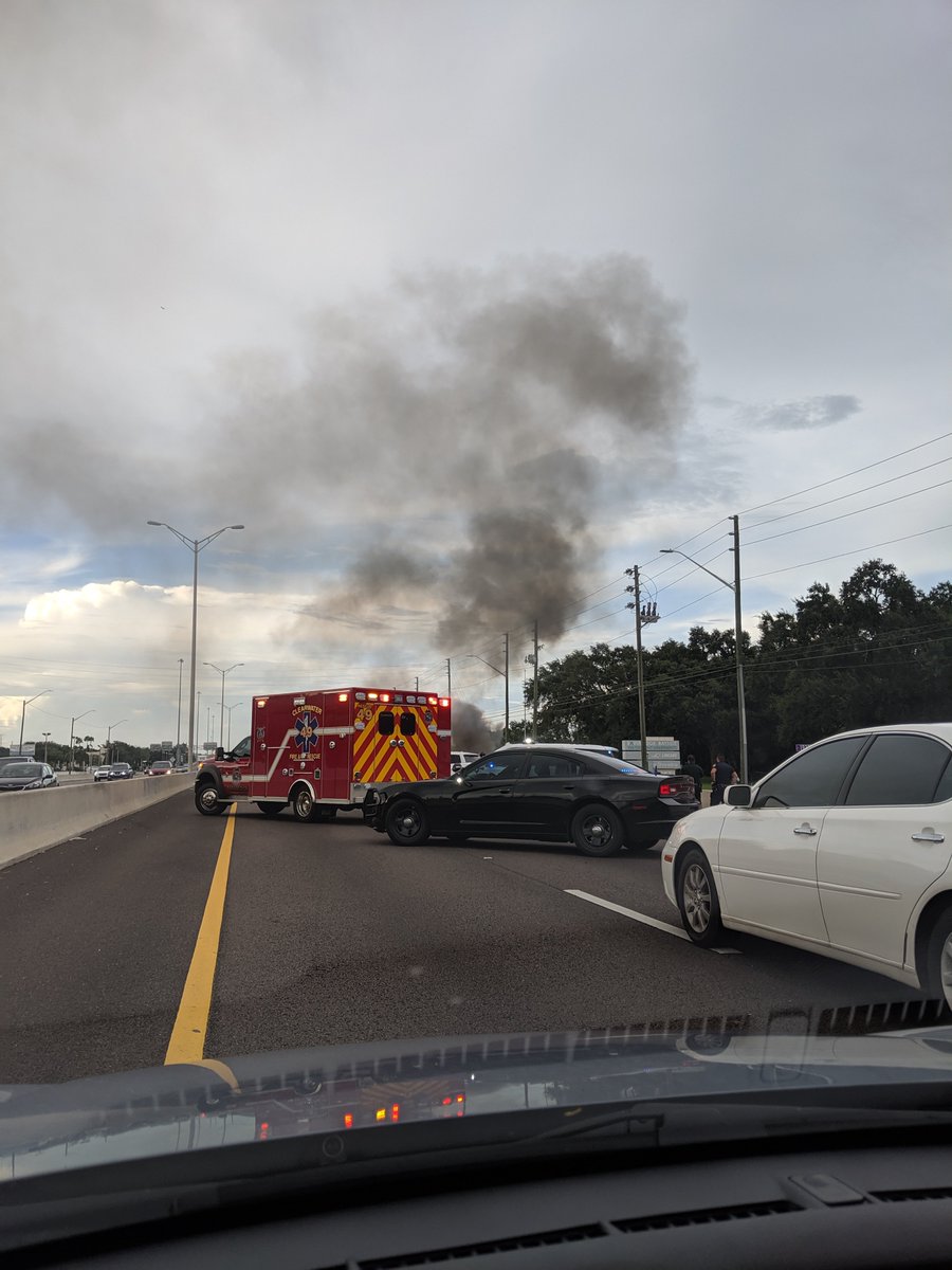 HelpLeslie's tweet photo. US19 Northbound @ Harn Blvd. All Lanes closed. Car fire being put out. @IONTB https://t.co/Q9gx6P6r3F