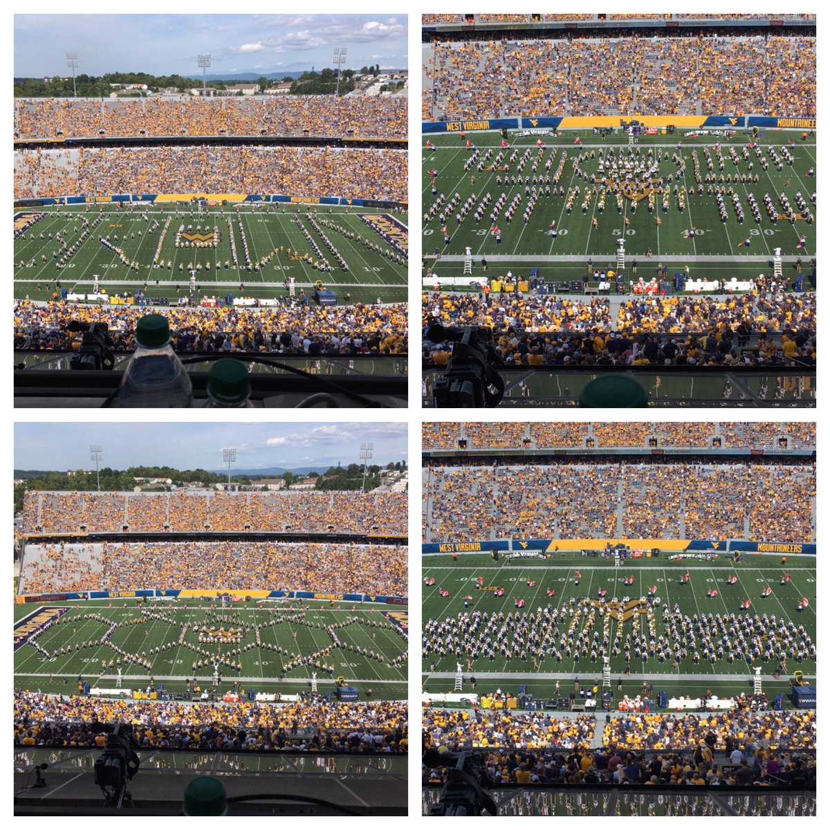 wvubandvoice's tweet photo. A few pics of the @WVUMarchingBand today from the 🔥halftime show. Love the Neal Brown pic and shoutout! 🎤💛💙🏈 Final: @WVUfootball 20 JMU 13 https://t.co/kavKTRpJtq