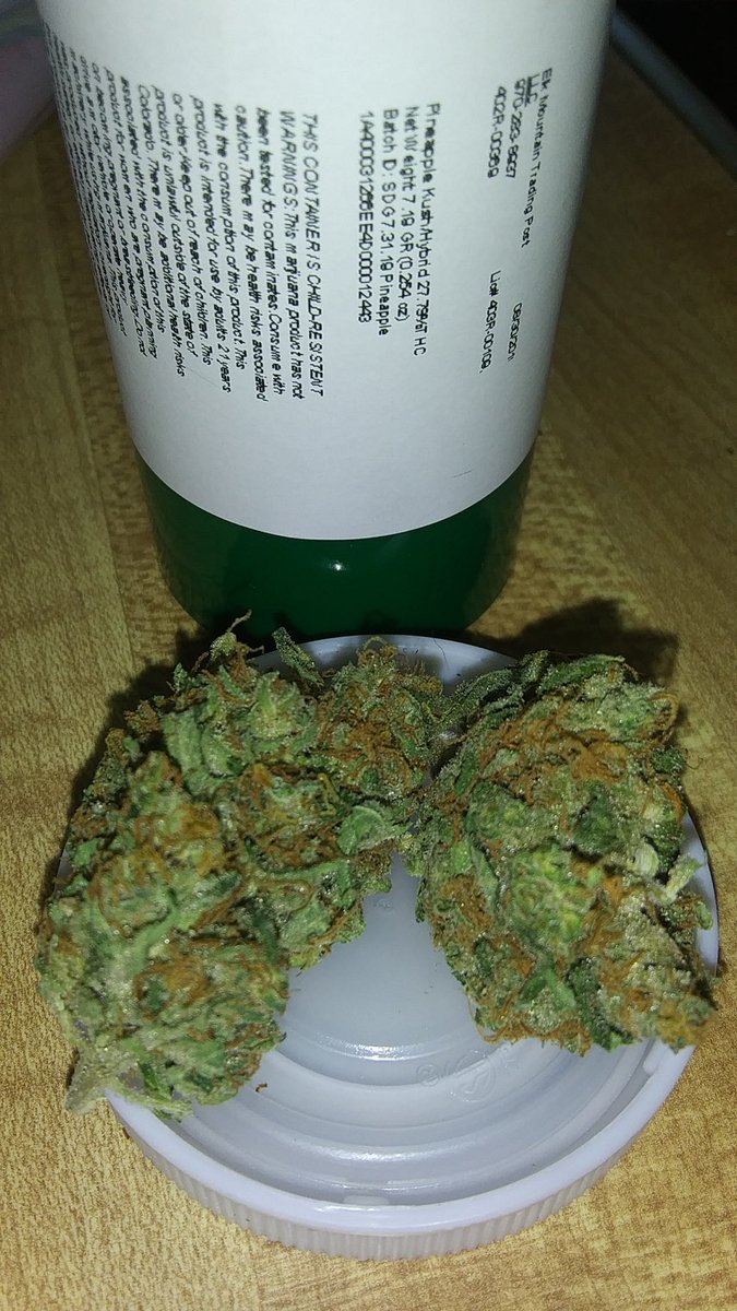 Birdpotpie's tweet photo. Picked up this #PineappleKush on sale at @ElkMountain420 yesterday! And OMG! 🔥🔥 This strain quickly climbed my favorites list to sit in at #4 
⭐⭐⭐⭐⭐ Thanks guys!!💨🖤🍁
#BirdFliesHigh #StonerFam #StonerPrincess #420Girls #BombBud https://t.co/e7Oe345zKB