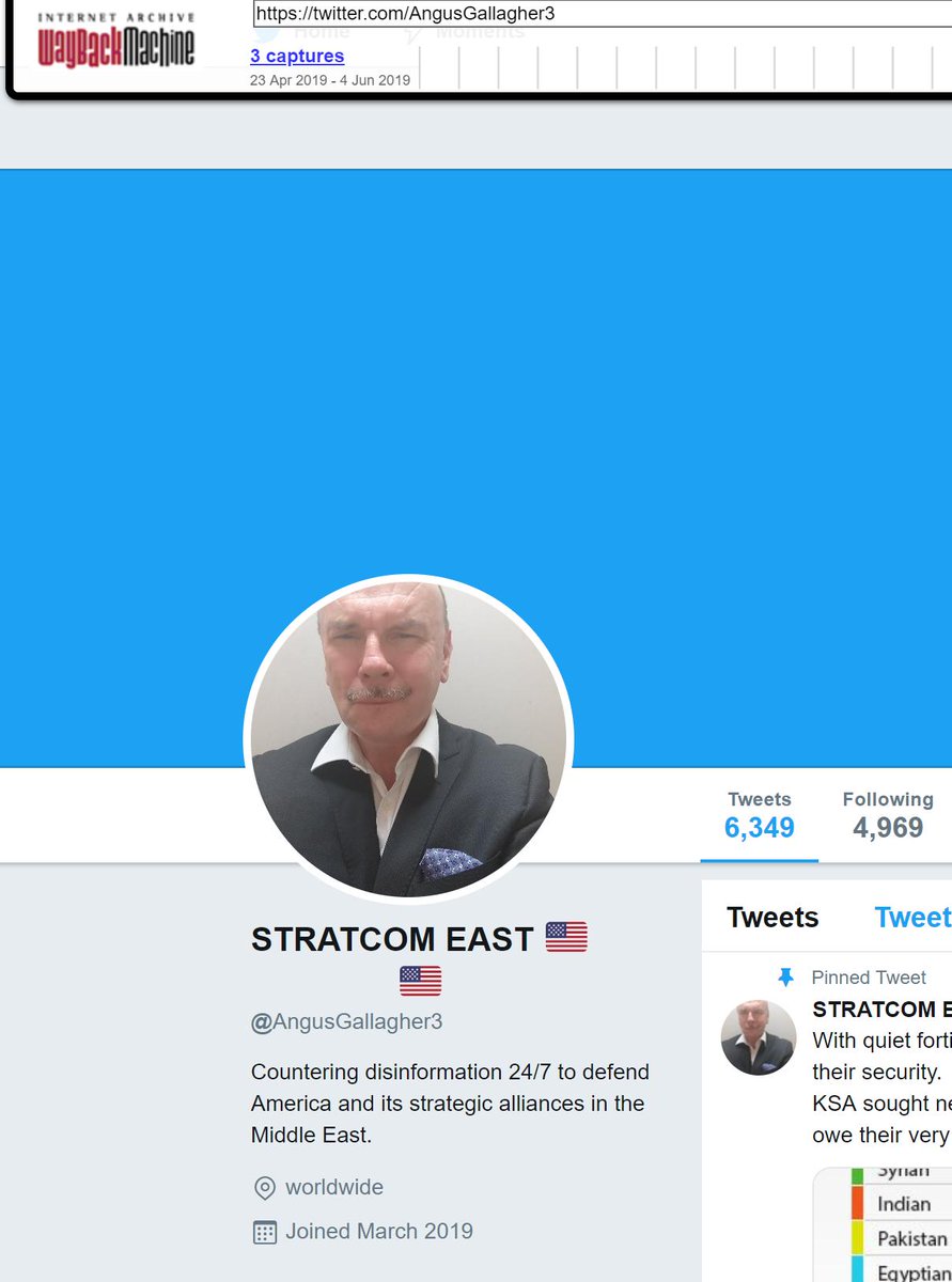 When I went on the WayBack Machine to see Angus's original bio, I saw how it evolved. Initially it said he was living in Devon, and had lived in Saudi for 22 years. Then he was someone who was defending US alliances in the ME. His final incarnation was a raging  #MAGA account