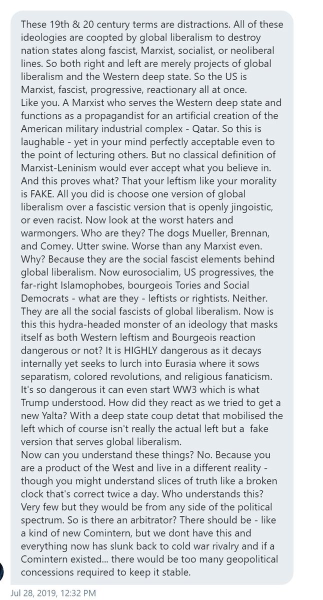 In addition to his newfound  #MAGA love, Angus started sending me bizarre, almost cultish polemics about the perils of liberalism. He brought up Heidegger, and said that Trump had 'Dasein'. Yeah I had to google that one too....