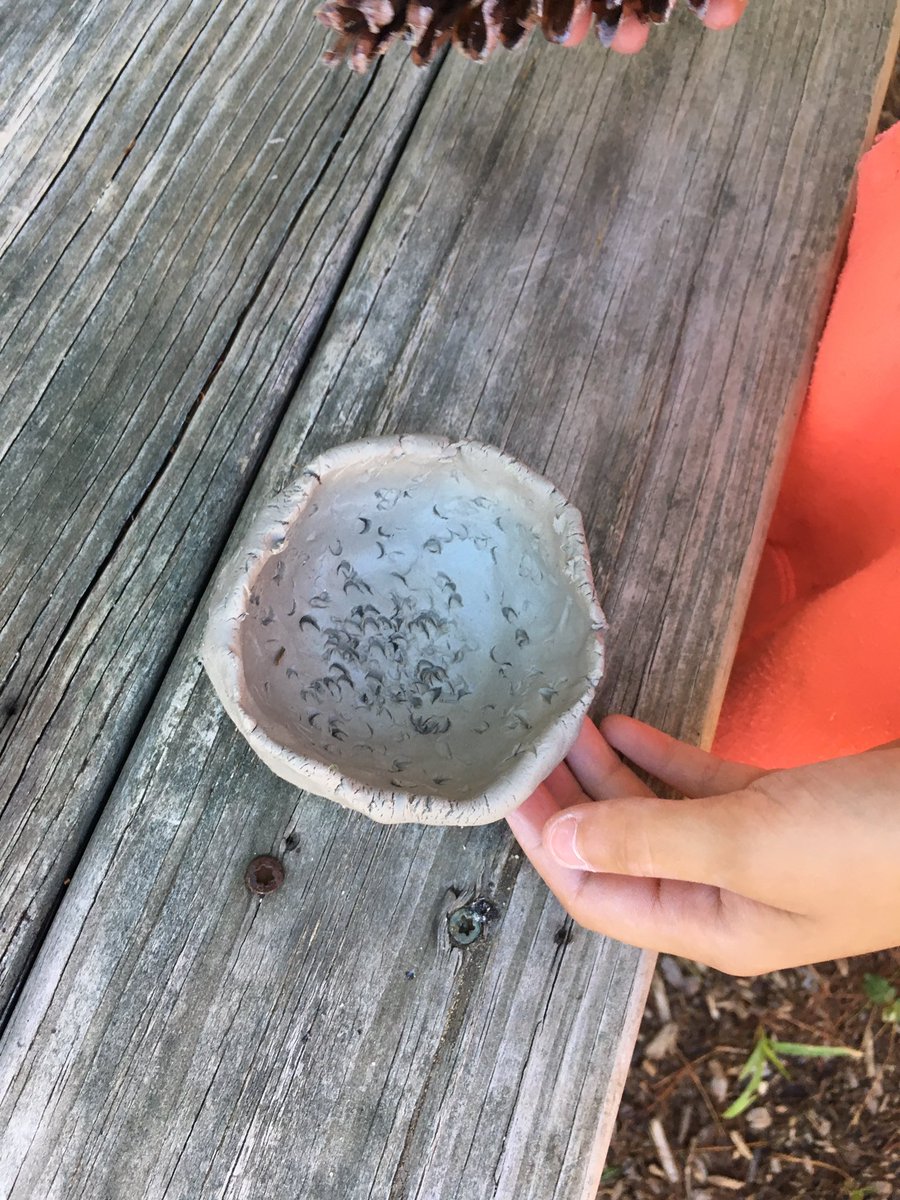 Enjoying creating Stone Age pinch pots. Adding texture with what we find in nature (the GM garden) 😁 #cobbartrocks