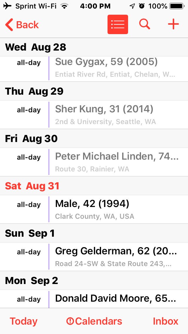ROSseattle's tweet photo. Seeking cyclist’s name for the perpetual calendar - Male, 42, Clark County, collision (link) on 8/30/1994, died on 8/31/1994 • Today’s view honors Sue Gygax, Sher Kung, Peter Michael Linden, Greg Gelderman, and Donald David Moore. RIP
https://t.co/58Z9dxDjar https://t.co/8RibIWDFb7