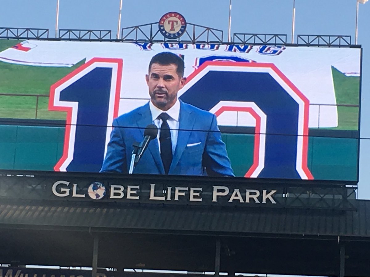 RealPaulaCain's tweet photo. @MikeyY626 thanking everyone who walked thru his life. He’s a humble man, a good man & @GloriaCampos & I r happy to be here to celebrate #10Retired in his honor @Rangers #Baseball https://t.co/mCzWTIeWPB