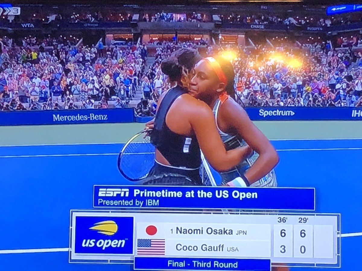 Weesesports's tweet photo. THIS EXCHANGE IS EVERYTHING. Getting Coco Gauff to do the on court interview shows the class and grace of Naomi Osaka. 

#USOpen #USOpenTennis 🎾 https://t.co/mCHiMb4V9T