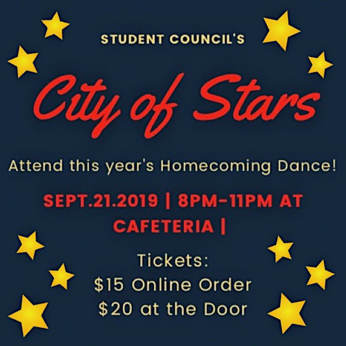 stuco_cphs's tweet photo. Attend the 2019 CPHS Homecoming Dance! Enter into a City of Stars during a night of fun! Bring your friends! https://t.co/hQ0jb0uppV