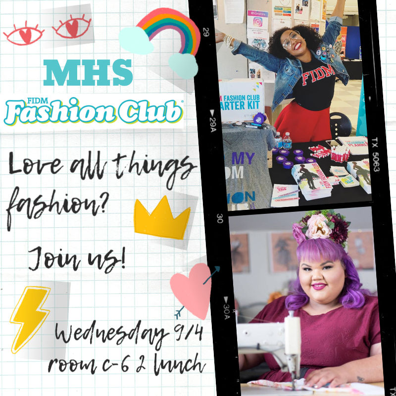mhs_visual_arts's tweet photo. Do you love designing clothing? Drawing different outfits? Do you like to watch trends and try new styles?

Then join Marana High's first ever FIDM Fashion Club! September 4th in the art room C-6 at lunch! https://t.co/1ZV4KnWBus