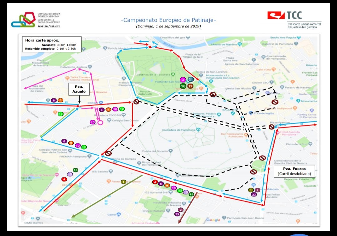 A lo largo de esta mañana, parte del centro de #Pamplona estará cortado por el Campeonato de Europa Patinaje de Velocidad (<a href="/europa_2019/">Campeonato de Europa 2019</a>). Hasta las 12:30 horas quedarán anuladas las siguientes paradas:

❌ Hotel Tres Reyes.
❌ Vínculo.
❌ Sarasate.
❌ Autobuses (arriba).