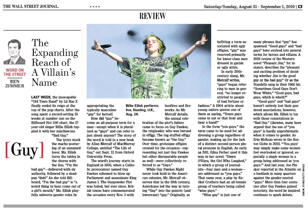 In this weekend's <a href="/WSJ/">The Wall Street Journal</a> Review section: <a href="/billieeilish/">billie eilish</a> sings about being a "bad guy." As a new book by <a href="/AllanMetcalf/">Allan Metcalf</a> explains, Guy Fawkes was the original "bad guy" back in 1605. bit.ly/badguybz