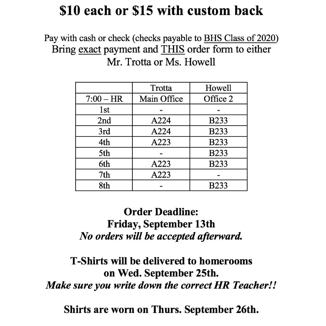 bhs2020's tweet photo. Seniors! Don’t forget to place your homecoming class shirt order by 9/13. Cost is $10 or $15 for a custom name on the back. Order forms will be in B223 if you still need one. Don’t miss out! 🦅💚🏈 https://t.co/zii09v9DVp