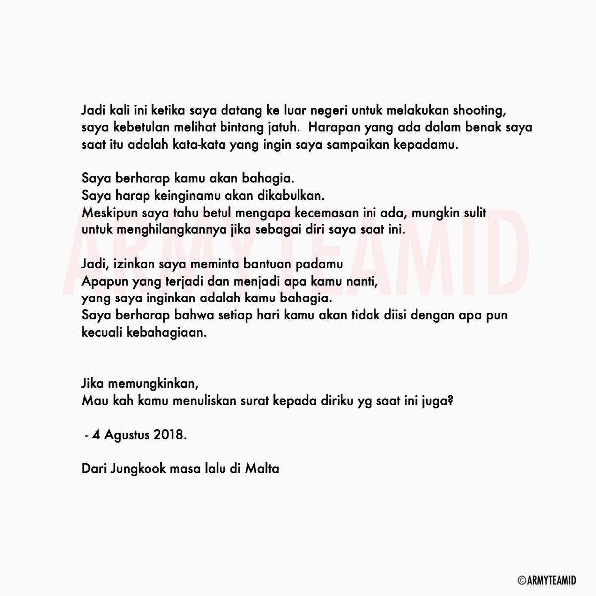 lovlysprings's tweet photo. Full translate pesan Jungkook untuk dirinya di masa depan

#HappyJungkookDay #GoldenJungkookDay #AlwaysWithYouJungkook #AlwaysBeHappyJK #BrightestStarJK #1stSeptemberMiracle #정무행알 
@BTS_twt https://t.co/xwCRrlgaER
