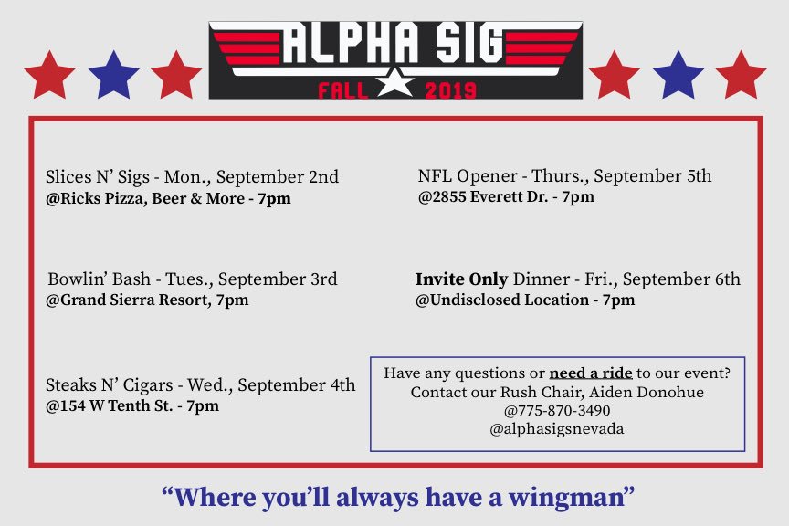 AlphaSigNevada's tweet photo. Wanna rush the ‘Top’? Well don’t worry about jumping the ‘Gun’ when you rush Alpha Sig! Rush starts Monday 
#GoGreek #RushAlphaSig https://t.co/DoZIjWb8Ra
