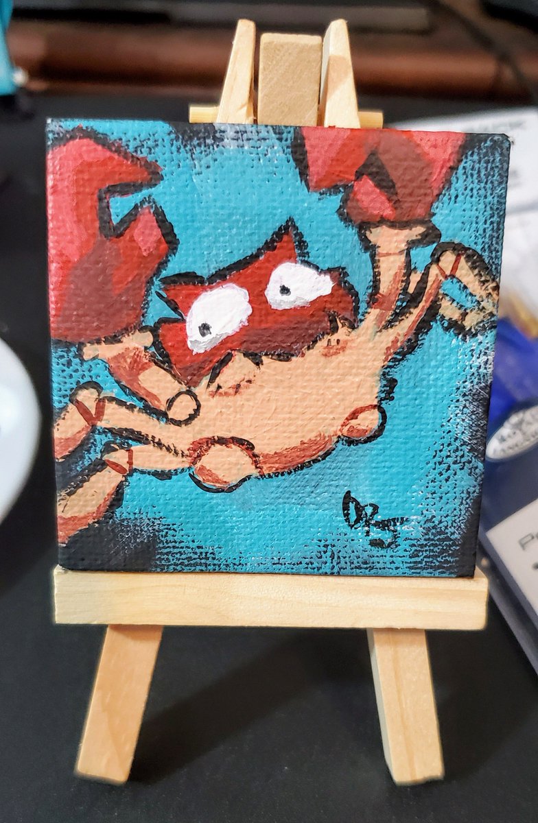 potatostreams's tweet photo. I haven't painted anything in a couple years so I thought I'd start with something small. #Pokemon #Krabby #acrylic #TinyEasel https://t.co/kO28P2Pbrg
