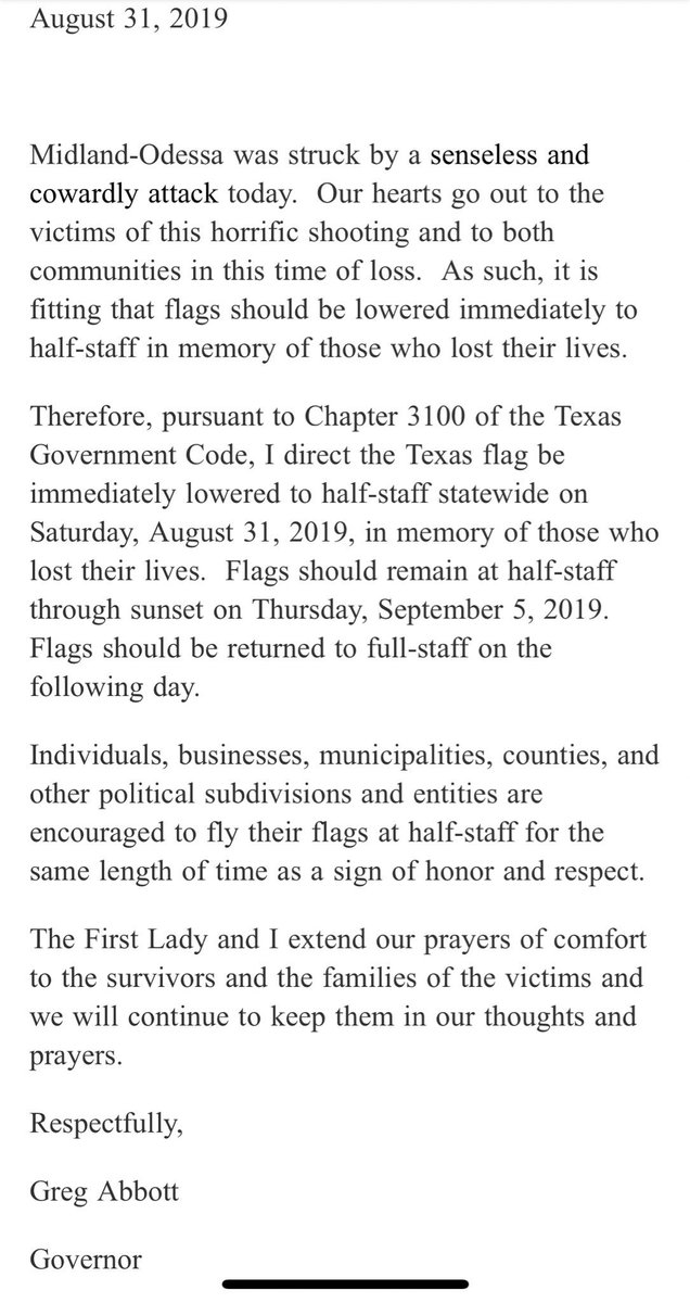 TexasFlagStatus's tweet image. HALF STAFF until sunset on Thursday, September 5, in memory of those killed in Midland &amp;amp; Odessa.