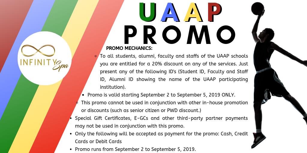 infinity_spa_ph's tweet photo. PROMO ALERT!!!
Hello Man Cavers, its the start of UAAP Season 82!Lets welcome September with a treat for our UAAP Man Cavers. 🏀
Get acquainted and meet some friends upon your visit. 
Please be guided of the promo mechanics accordingly.
Book your reservations now. 
#InfinitySpa https://t.co/hXkho0Za05