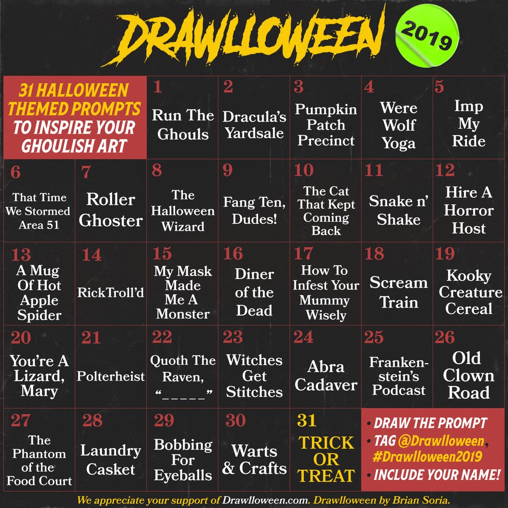 drawlloween's tweet photo. It's heeeereee: 31 petrifying prompts for artists of all ages and skill levels to draw daily over the #Drawlloween season! Do you have the guts to endure all 31 days of terror tinged art madness? 

Share the #Drawlloween2019 calendar + visit https://t.co/RyL0FAAYFZ.
🎃✏️🎃✏️🎃✏️ https://t.co/bDLcp2C0KN