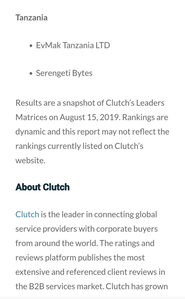 TheCitizenTz's tweet photo. Two local companies; @SerengetiBytes and Evmak Tanzania Limited have been listed among 40 high-ranked business services firms (B2B) in #Africa by the US Rating and Ranking Agency @clutch_co in its latest report. #TheCitizenUpdates https://t.co/hE5t7Ey93r