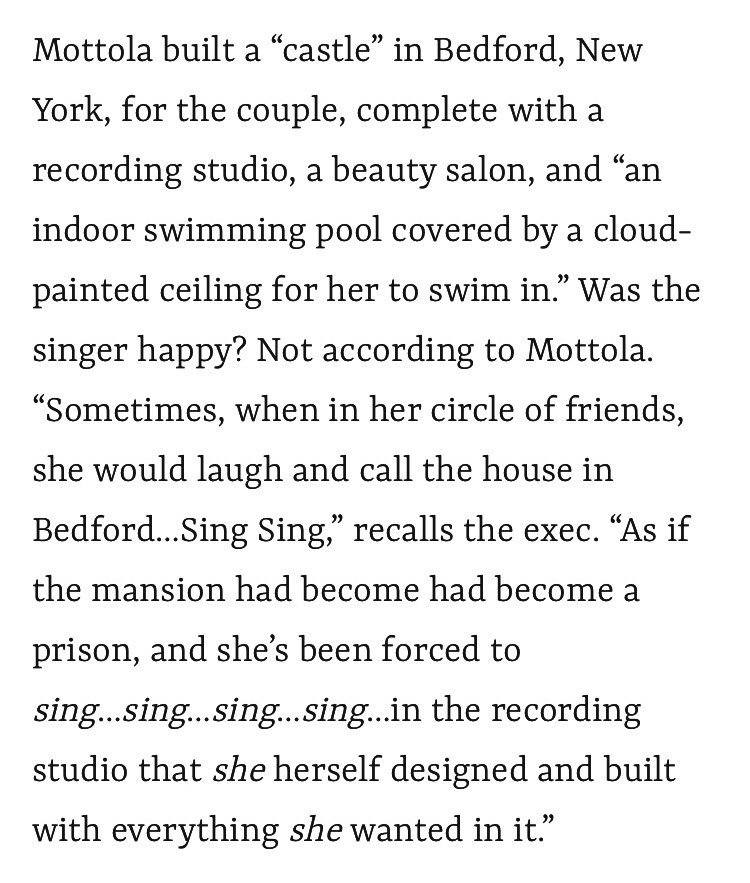 She was forced to write and record song after song in the recording studio that was specially designed for her when the house was being built for the couple. The studio, along with the indoor swimming pool are included in shots of the “Always Be My Baby (Mr. Dupri Mix)” video.