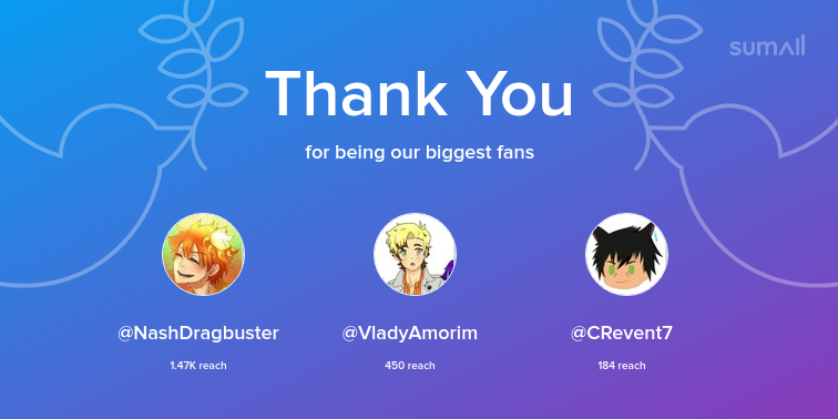 Our biggest fans this week: NashDragbuster, VladyAmorim, CRevent7. Thank you! via sumall.com/thankyou?utm_s…