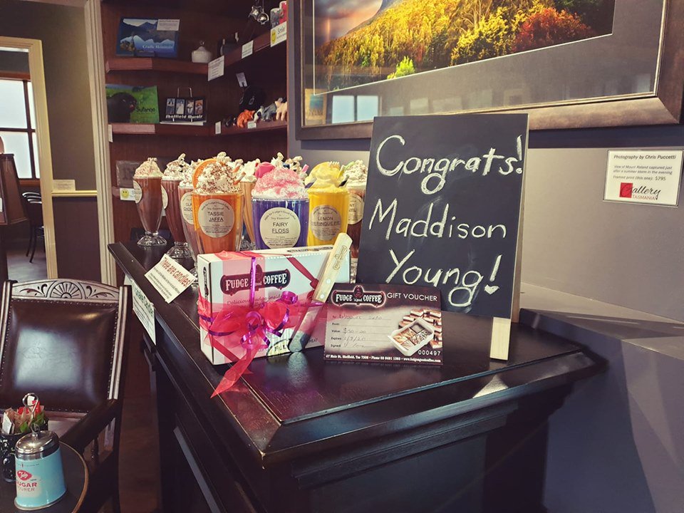 Fudgencoffee's tweet photo. Congratulationsto Maddison Young, the winner of Fudge n Good Coffee's competion at the Bridal Fair in Devonport. https://t.co/XRWGrdIY9i