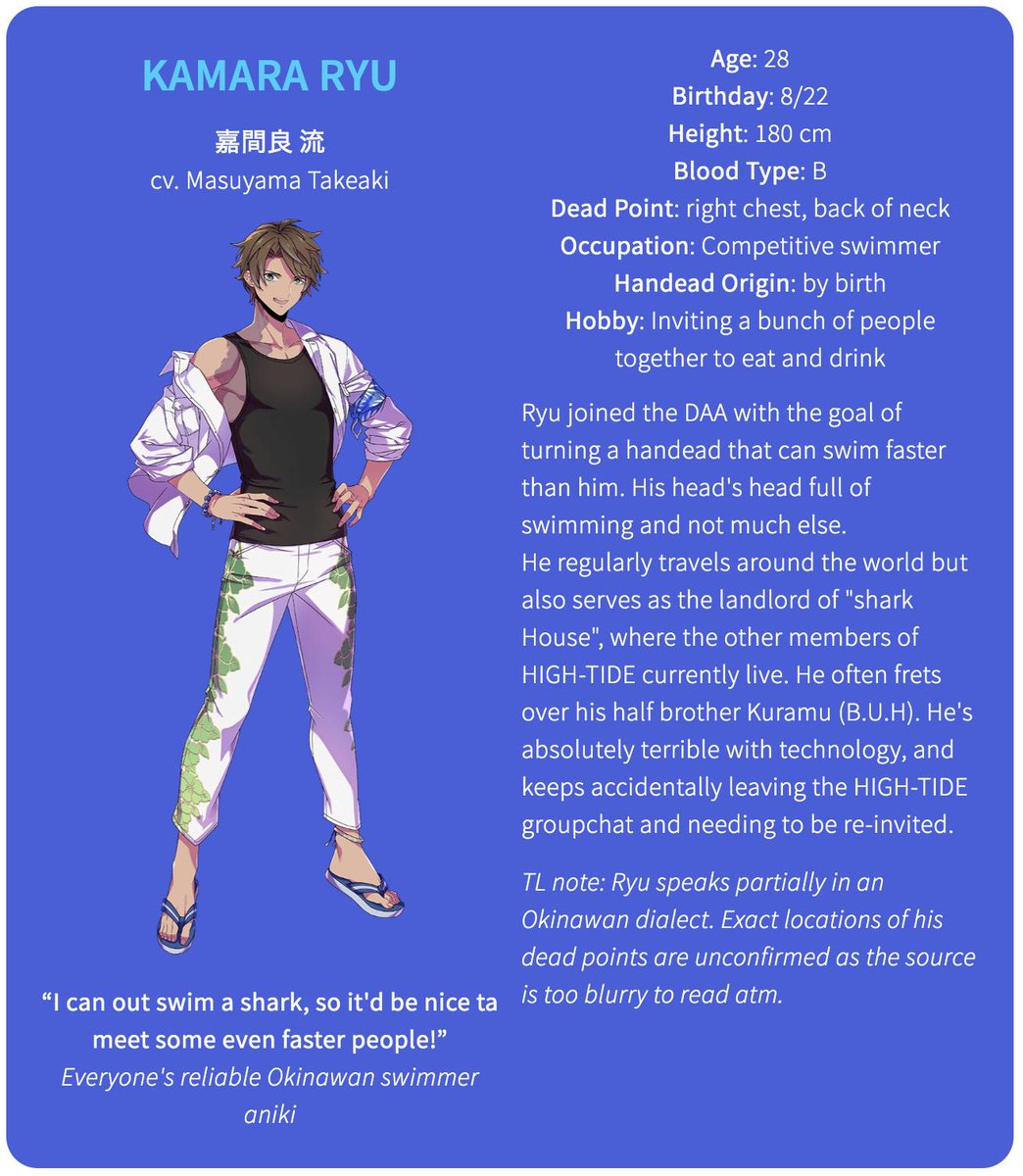 Next up, the head of HIGH-TIDE (Okinawa branch):Kamara Ryu (cv. Masuyama Takeaki)Age: 28Birthday: 8/22Height: 180 cmBlood Type: BDead Point: right chest, back of neckOccupation: Competitive swimmerHandead Origin: by birthHobby: Inviting a bunch of people to eat and drink