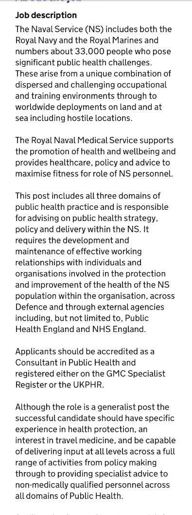Consultant Public Health
UK Government - Ministry of Defence (Naval Service)
Portsmouth 
£77,913 - £105,042
Closes 04/10

civilservicejobs.service.gov.uk/csr/index.cgi?…