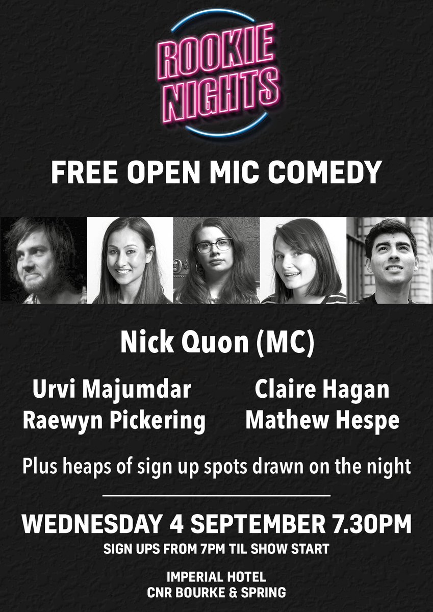 This week!!

Join your host <a href="/Quonnnie/">Nick Quon</a> for another great night of open mic comedy at <a href="/The_Impy/">Bourke St Imperial</a>!

Featuring:
<a href="/urvi_majumdar/">Urvi Majumdar</a>
<a href="/ponyhag/">claire h 🌈</a>
Raewyn Pickering
Mathew Hespe 
<a href="/kathrillhouse/">Kathrillhouse 🇵🇸</a>
Maren Whittaker

AND PROBABLY YOU!

Sign ups from ~7.00pm
Starts 7.30pm