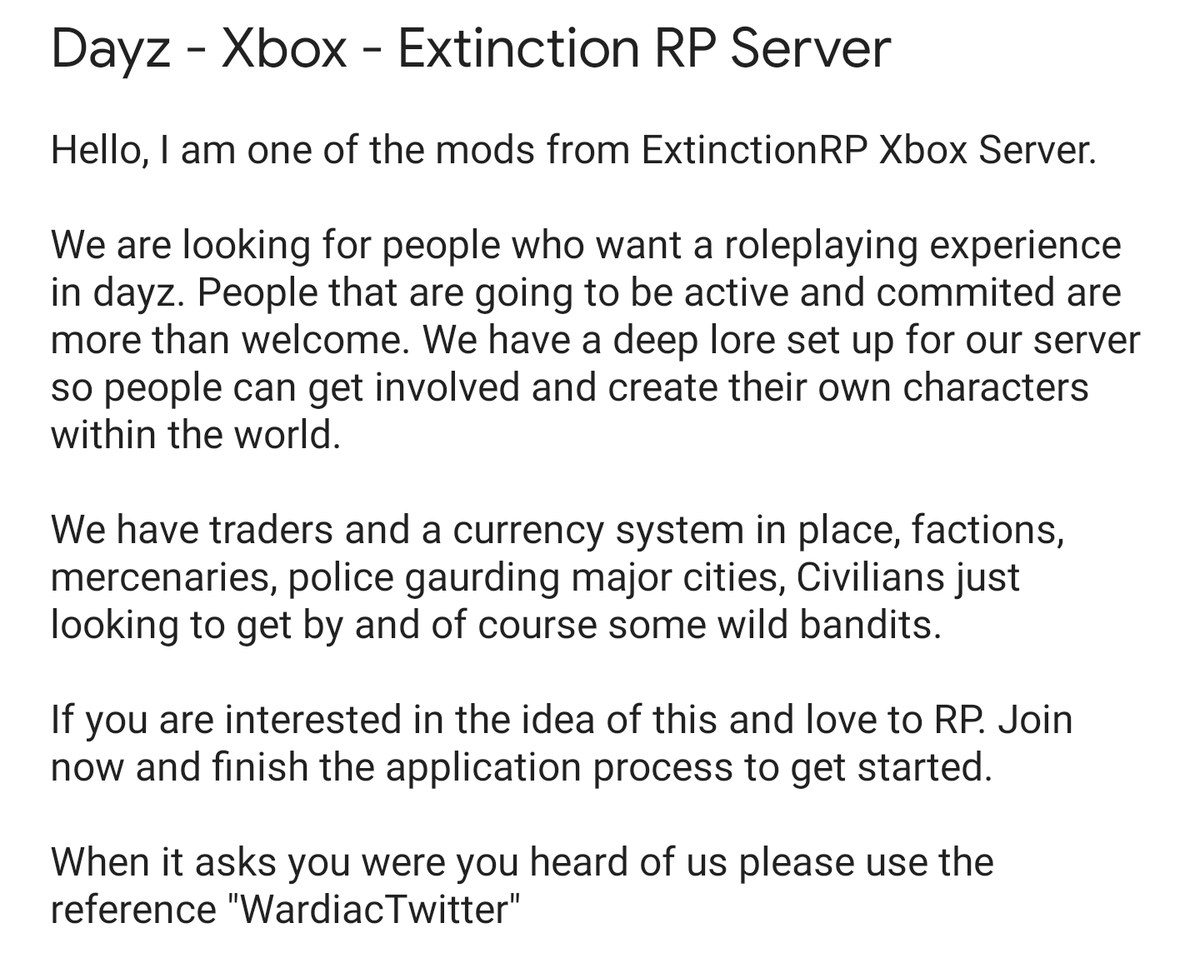 #Xbox #Dayz #DayzRP #DayzServer #DayzXbox #XboxRP #XboxOne
#RolePlaying #Gaming #community

discord.gg/9dbFFZz