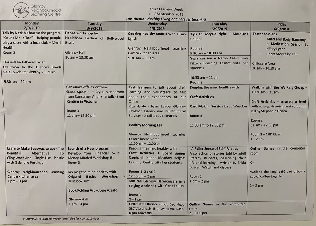 Happy Adult Learners Week - we’re going to have an amazing week at #GlenroyNeighbourhoodLearningCentre take a look at the timetable. #WhatAreYouWaitingFor  #LearningChangesLives #AdultLearningAustralia #LearnLocal #NeighbourhoodHousesVictoria