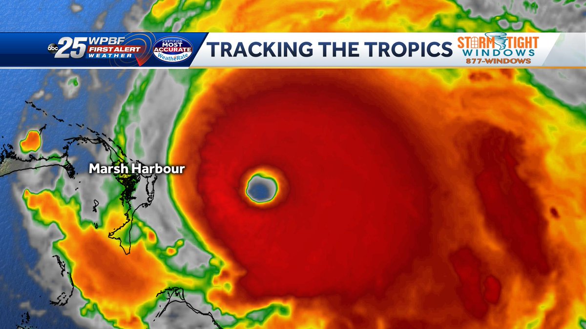 wpbf_sandra's tweet photo. The eye of #Dorian glaring down Marsh Harbor in the Northwestern Bahamas this morning where it could produce a 15 to 20 foot storm surge. @WPBF25News https://t.co/xgIXK0n8Ht