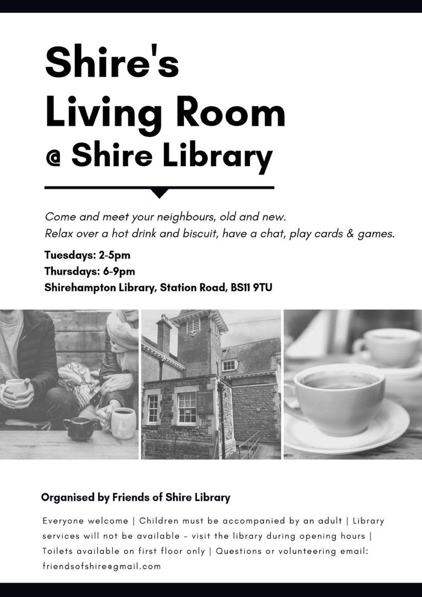 BristolLibForum's tweet photo. Date for your Diary
☕️ Thursday 5th September 6-9pm
☕️ #FriendsOfShireLibrary
☕️ #Community Living Room
☕️ #ShirehamptonLibrary #Bristol
☕️ Meet friends, old & new, over a hot drink or game
☕️ Details FriendsOfShire@gmail.com
#Shirehampton #SeaMills #Avonmouth https://t.co/0iTA3byDEm
