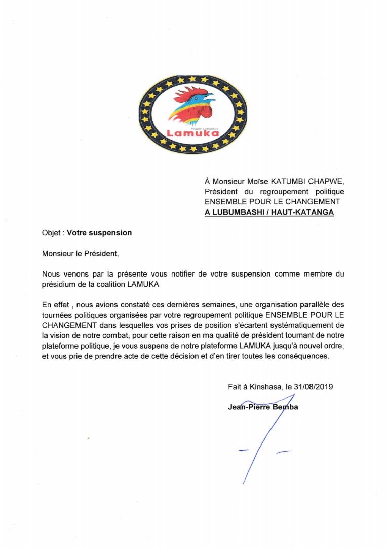 CousinDaddy's tweet photo. Bonjour Mr @moise_katumbi Voici votre lettre de suspension. https://t.co/h8eby7Enpo