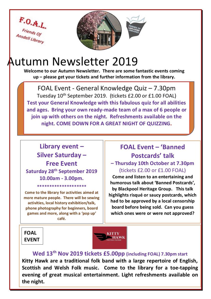 So much is happening at Ansdell Library this autumn. You do not need to be a library member or FOAL to enjoy the activities.
⁦⁦@lancspublib⁩ ⁦<a href="/LythamLifeStyle/">Lytham & St Annes (love where you live & visit)</a>⁩ ⁦<a href="/lythamstannesRT/">Lytham St. Annes RT 🏖</a>⁩ ⁦@loyaltofylde⁩ ⁦<a href="/AnsdellWe/">@We❤️Ansdell</a>⁩ ⁦<a href="/SSMF_UK/">Sir Simon Milton Foundation</a>⁩ ⁦<a href="/LythamLet/">Lytham Let Live LGBT Friendship Group</a>⁩