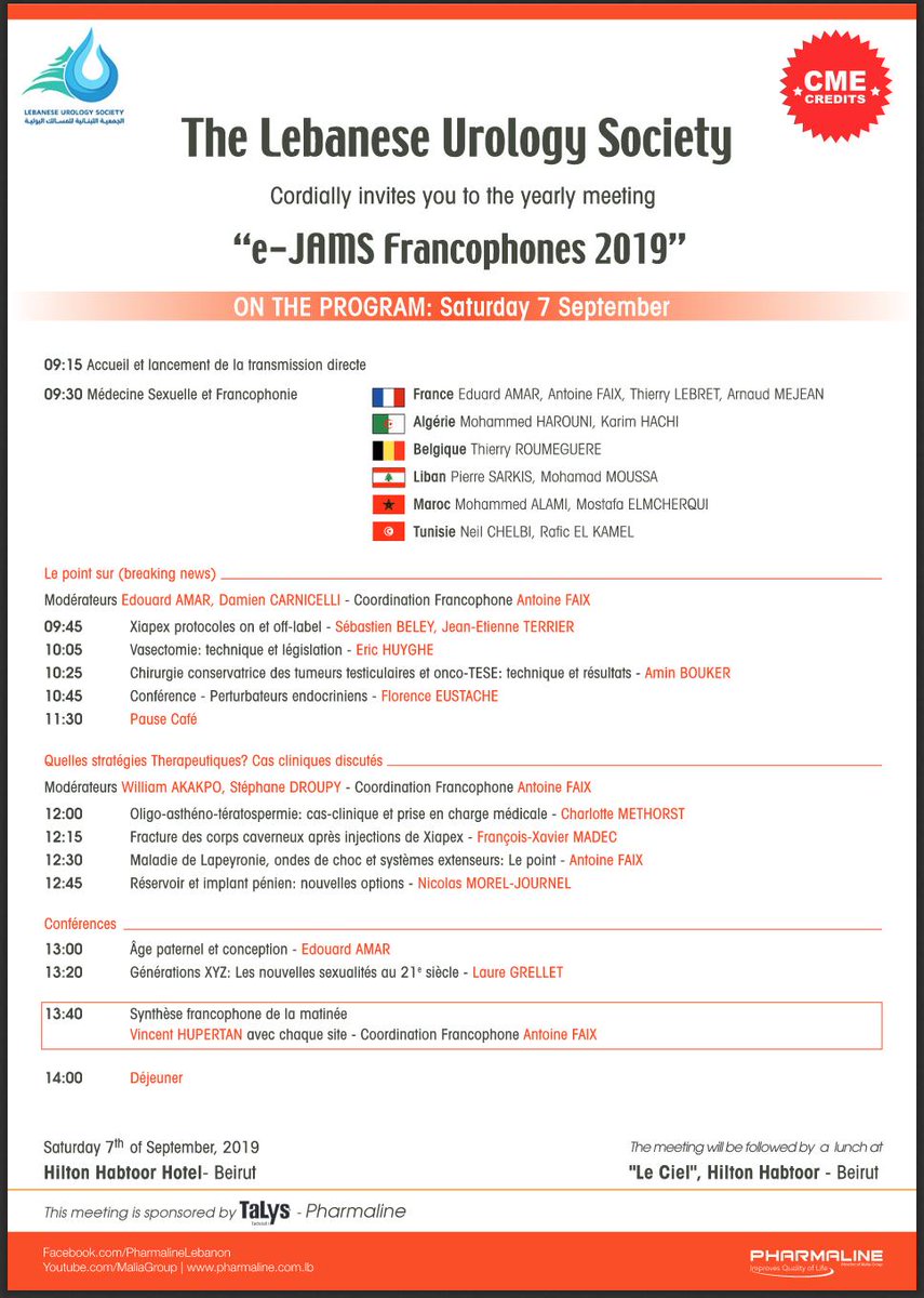 #e_JAMS Francophones 2019 - Hilton Habtoor #Hotel - #Beirut Aturday 7th #September

#uroleb <a href="/PharmalineLB/">Pharmaline s.a.l</a> 
uroleb.org/?q=upcoming-ev…