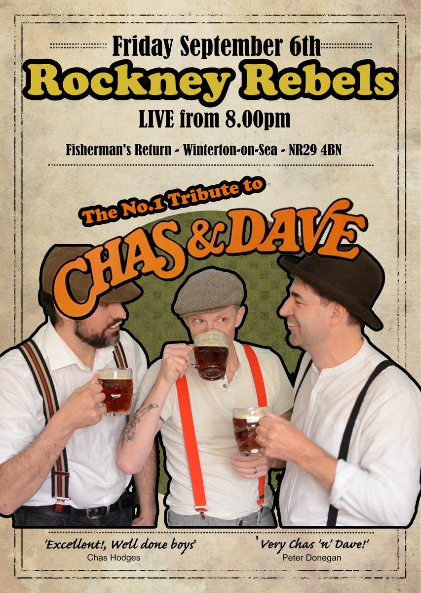 This Friday 6th September we're playing a rescheduled date at Fishermans Return in Winterton. Our Chas 'n' Dave tribute starts from 8pm. Love to see you there!

#rockneyrebels #chasndavetribute #chasndave #chasndavetributeband #rockney #winterton #whatsonwinterton