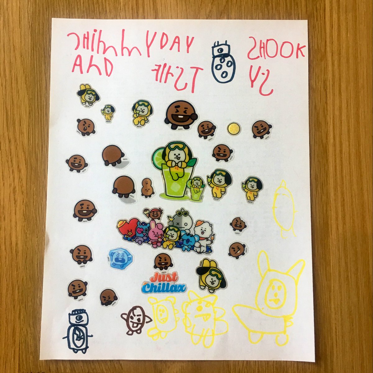 tigershooky's tweet image. My 4 year-old picked out some @BT21_ stickers and made this. Y’all- the little Shooky he drew. I can’t. He even did the eyebrow. 😭😭😭 #btsarmymom @BTS_twt